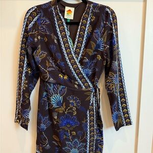 Farm Rio Blue and Brown Floral Wrap Dress